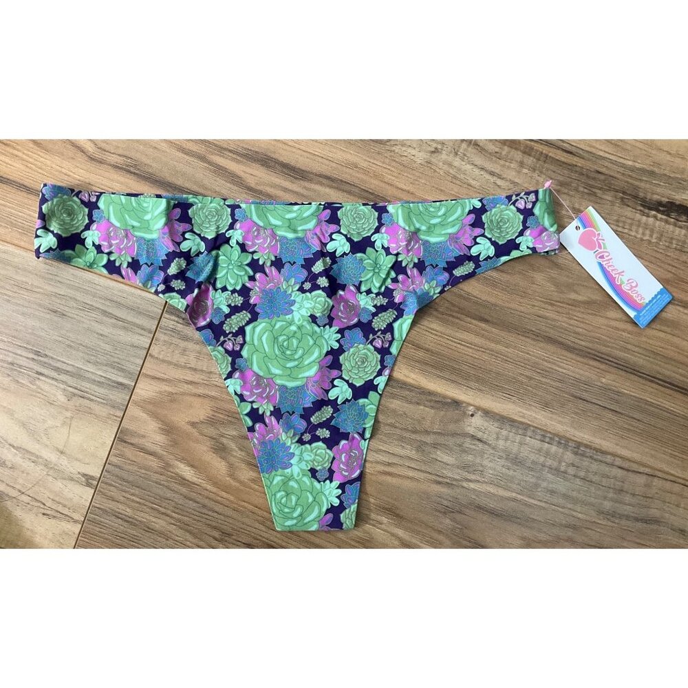 NWT Cheek Boss Green Purple Pink Floral Thong    Size: Large